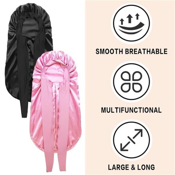 2-Pack Silk Sleep Bonnets Extra Long & Large Size Braids, Long Hair, and Natural - Picture 3 of 6